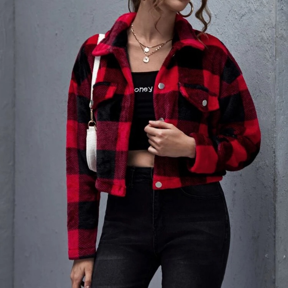 Shein Buffalo Sherpa Crop Jacket NWOT
